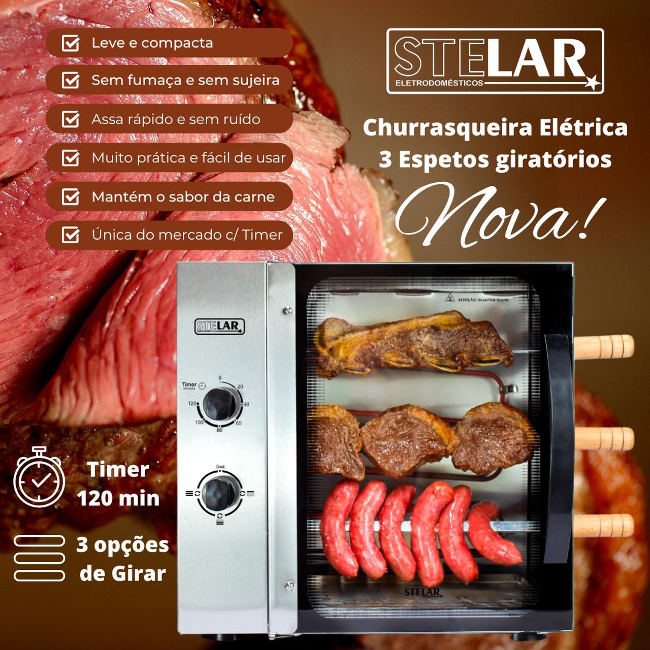 Churrasqueira Elétrica Rotativa Stelar de 3 Espetos - Imagem 7